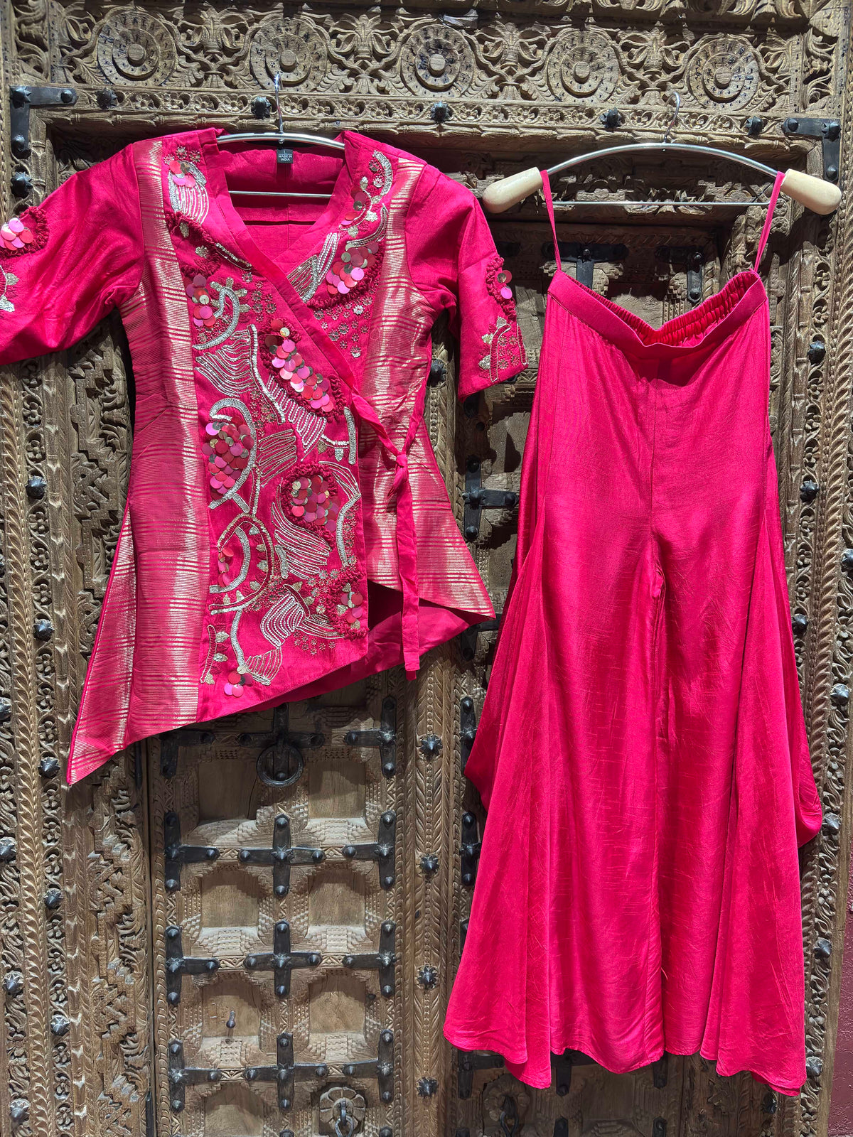 Rani Pink Embroidered Asymmetric Wrap Top & Flared Palazzo Set for Women