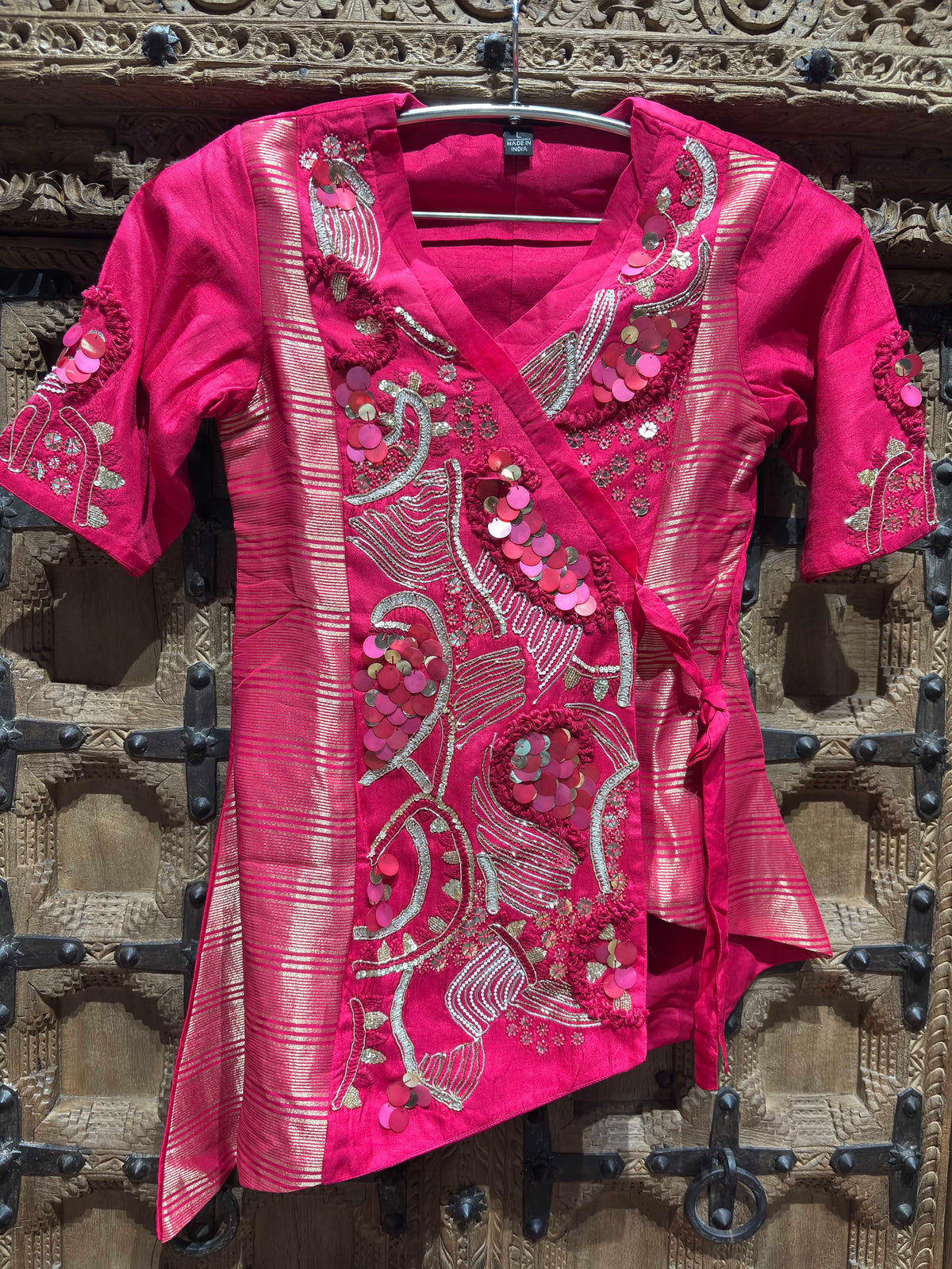 Rani Pink Embroidered Asymmetric Wrap Top & Flared Palazzo Set for Women