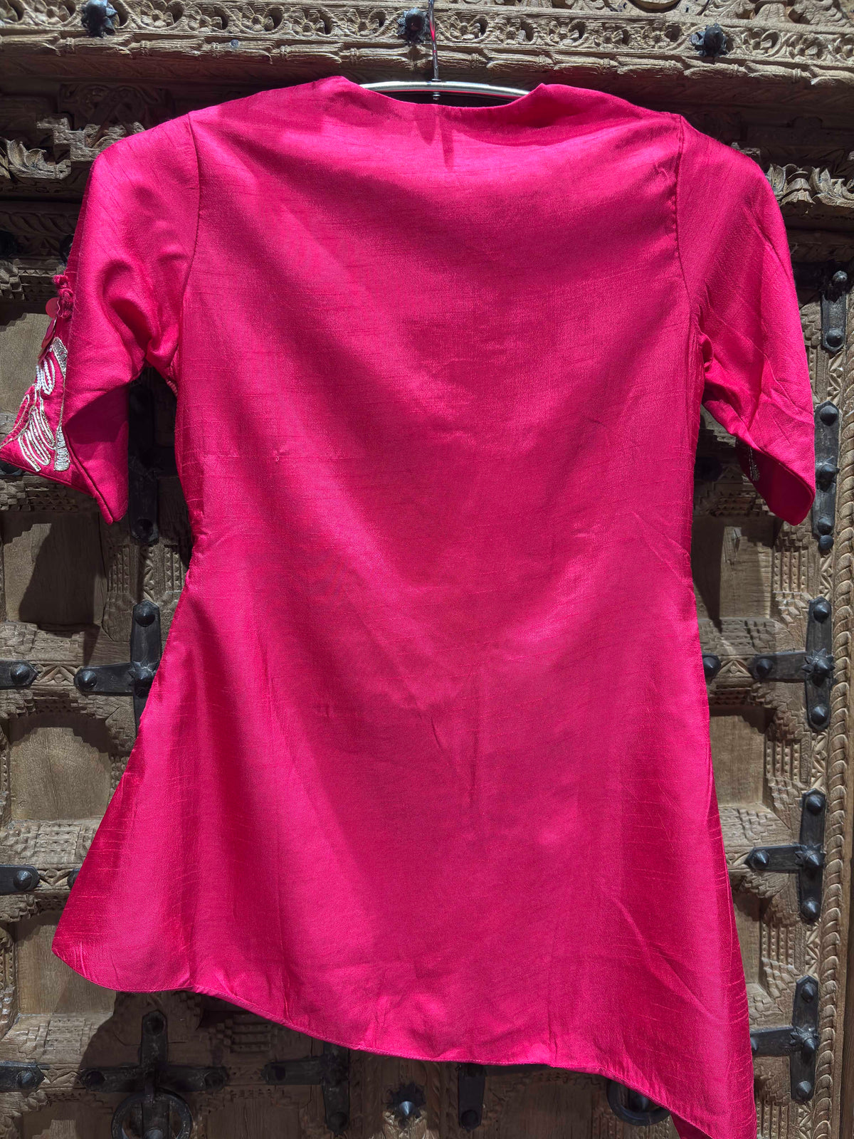 Rani Pink Embroidered Asymmetric Wrap Top & Flared Palazzo Set for Women