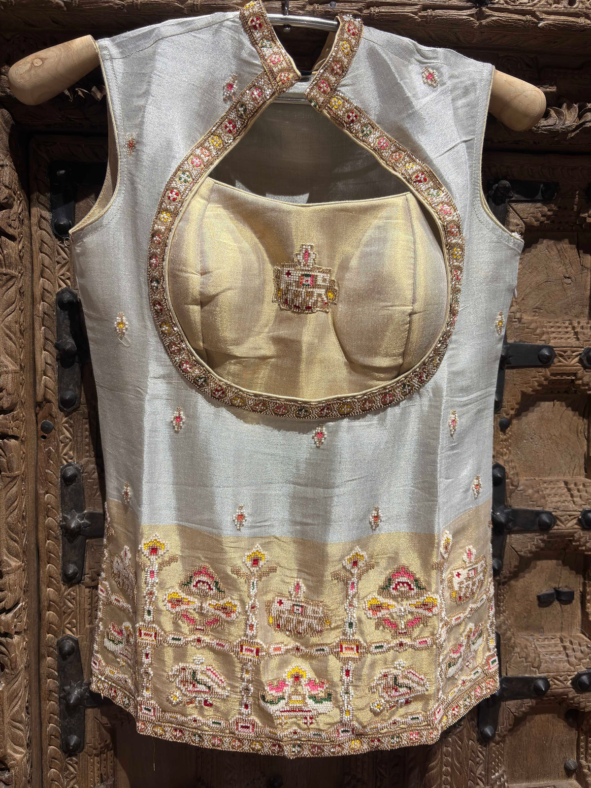Ivory Silver & Gold Embroidered Cutout Kurti Palazzo Set for Women