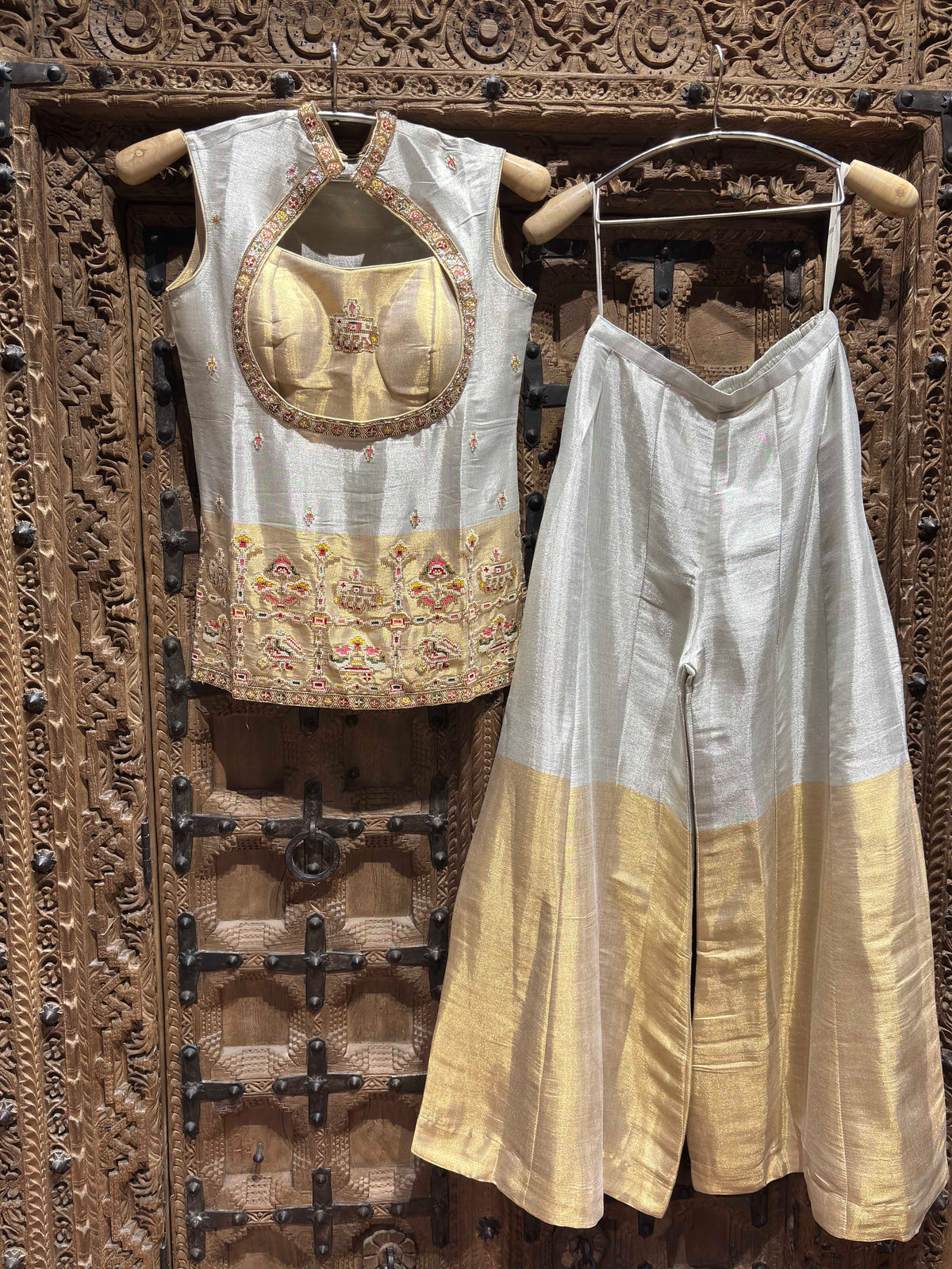 Ivory Silver & Gold Embroidered Cutout Kurti Palazzo Set for Women