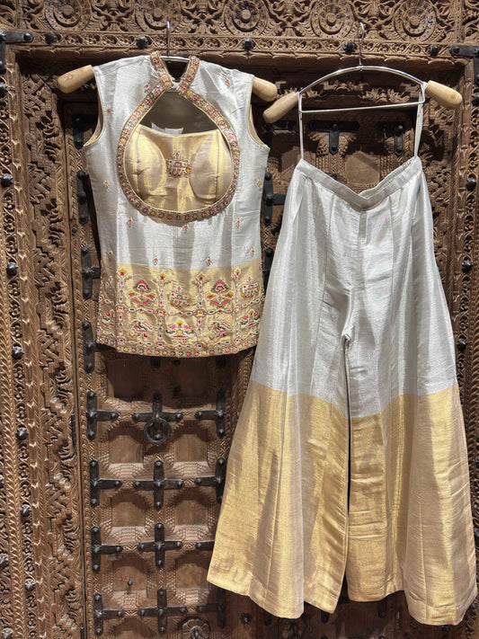 Ivory Silver & Gold Embroidered Cutout Kurti Palazzo Set for Women
