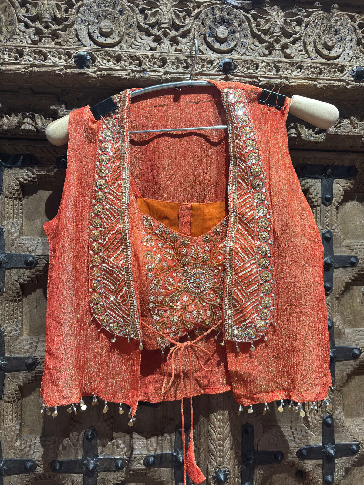 Coral Orange Embroidered Crop Top, Jacket & Flared Palazzo