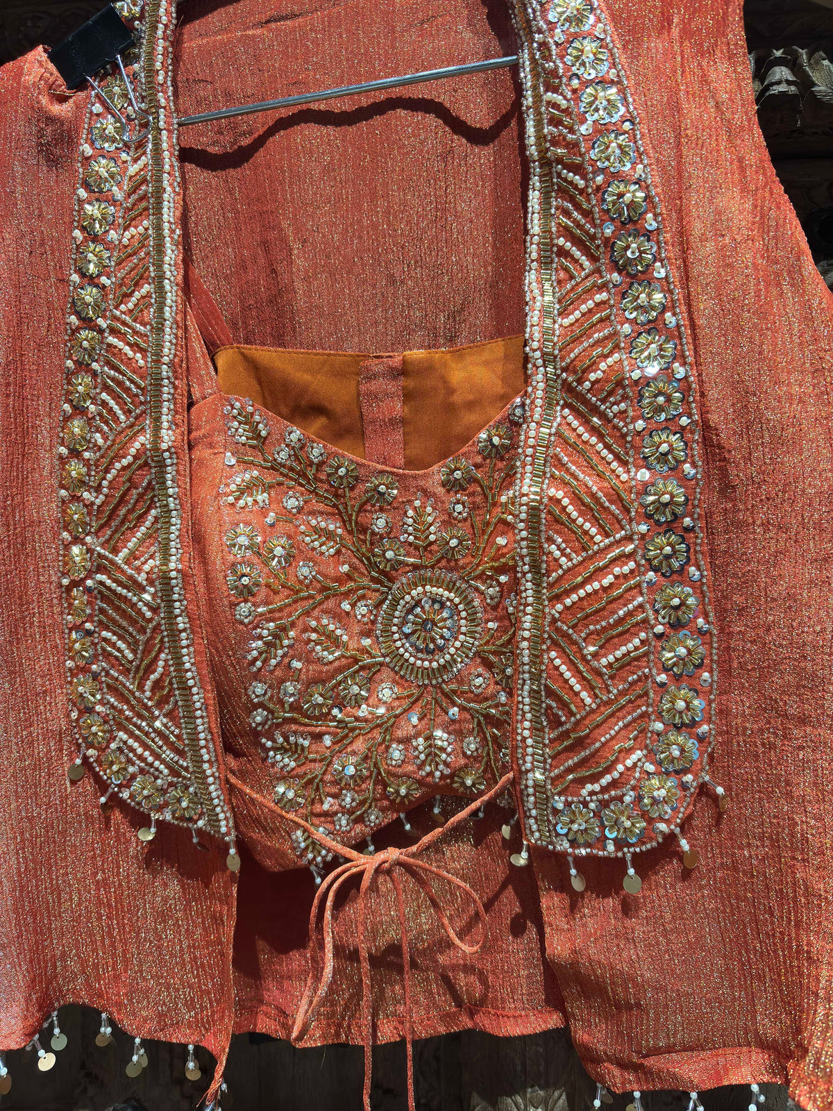 Coral Orange Embroidered Crop Top, Jacket & Flared Palazzo