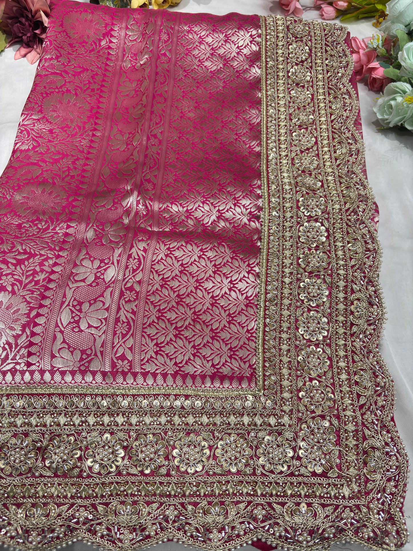 Rani Pink Banarasi Sarees Golden zari Weaving With Handwork Border