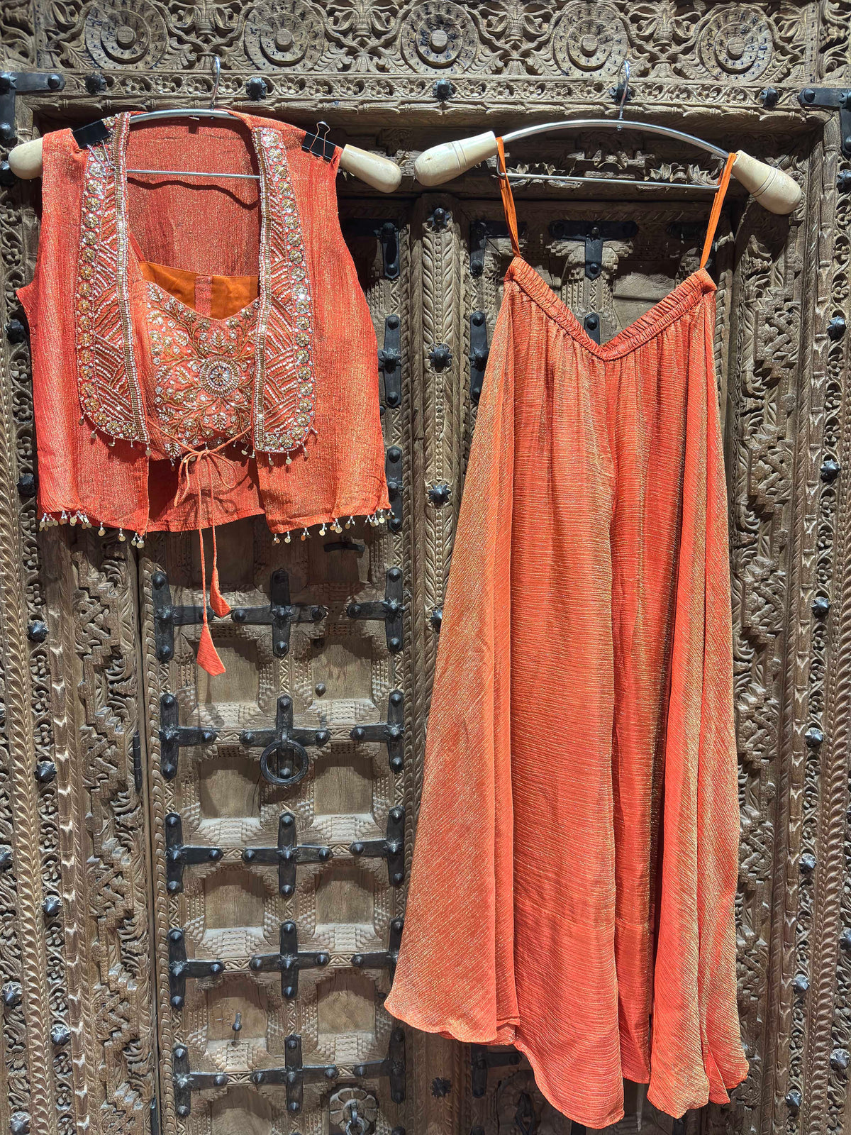 Coral Orange Embroidered Crop Top, Jacket & Flared Palazzo