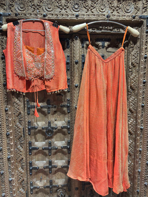 Coral Orange Embroidered Crop Top, Jacket & Flared Palazzo