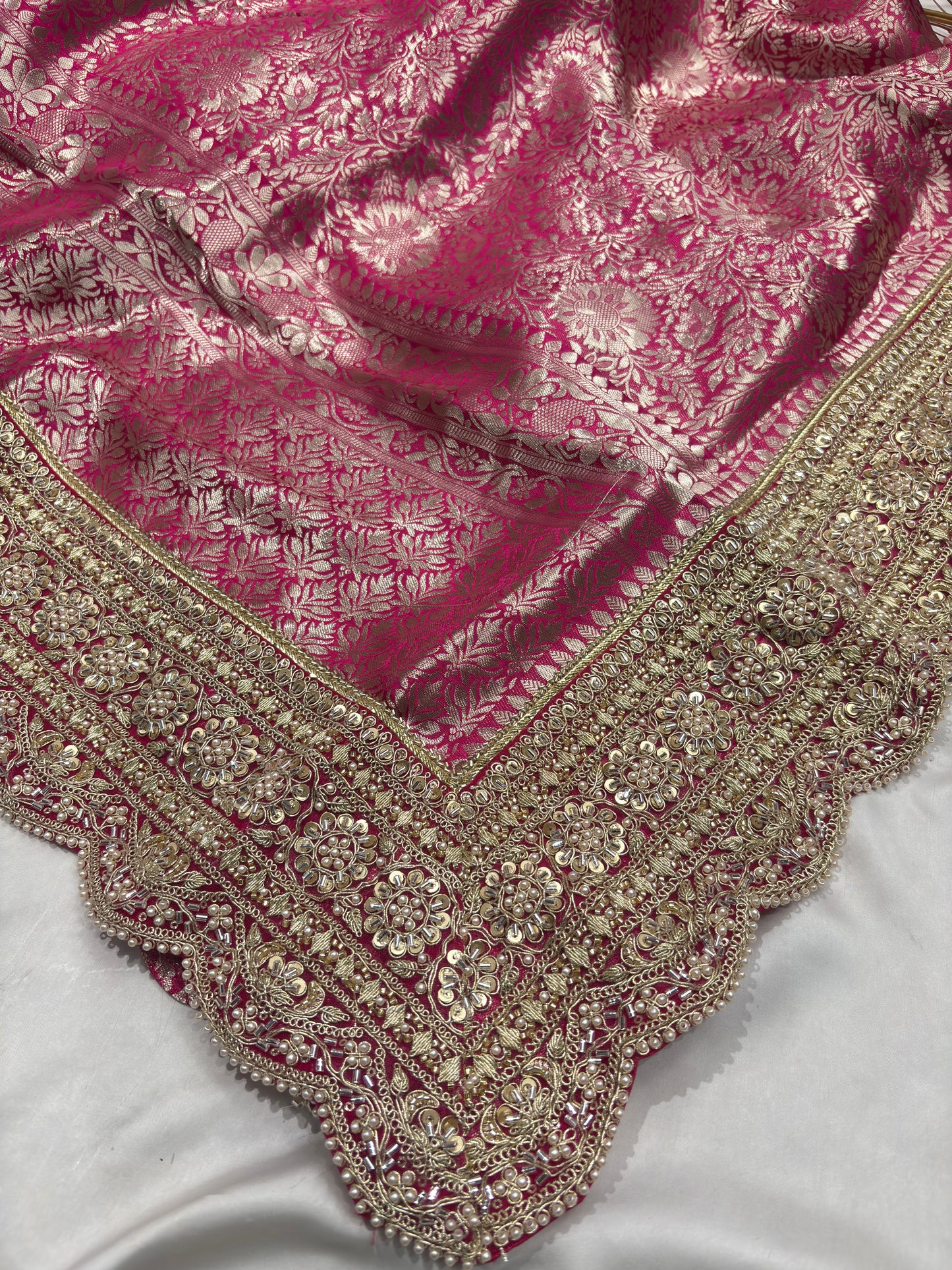 Rani Pink Banarasi Sarees Golden zari Weaving With Handwork Border