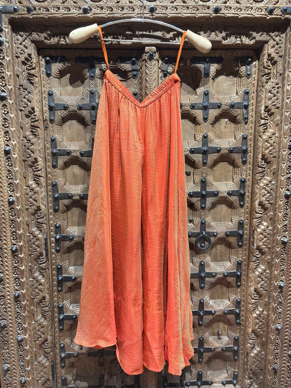 Coral Orange Embroidered Crop Top, Jacket & Flared Palazzo