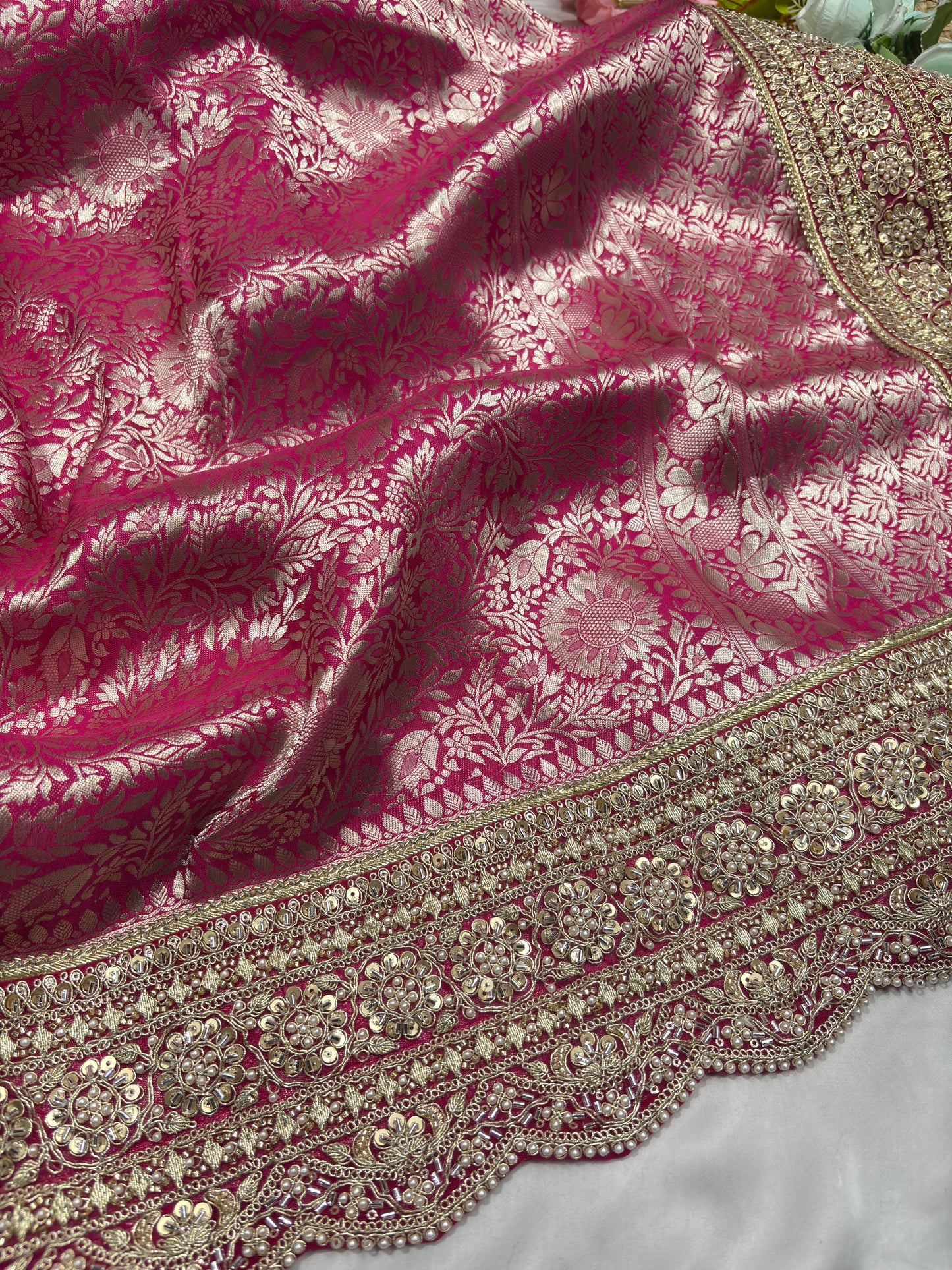 Rani Pink Banarasi Sarees Golden zari Weaving With Handwork Border