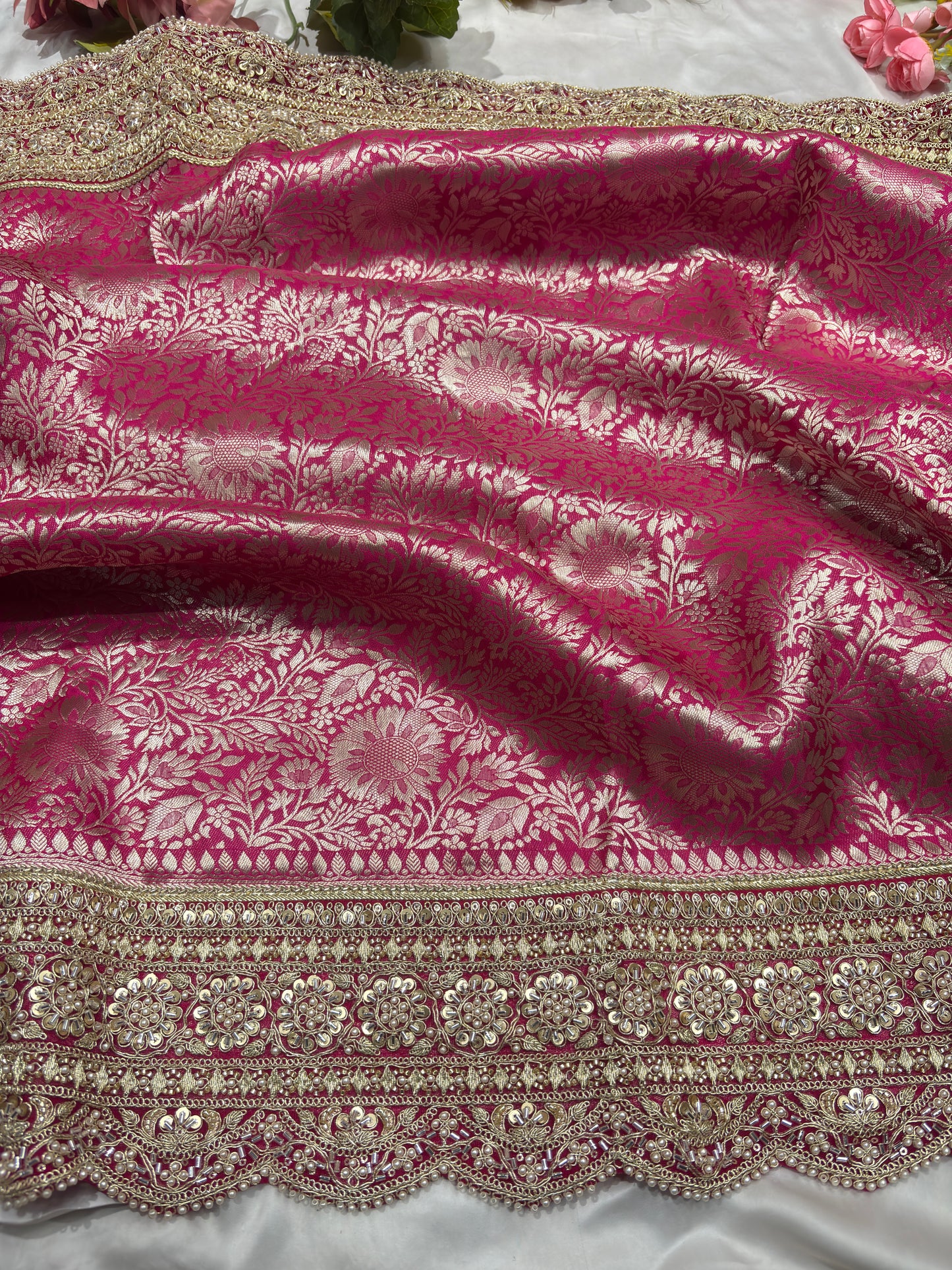 Rani Pink Banarasi Sarees Golden zari Weaving With Handwork Border
