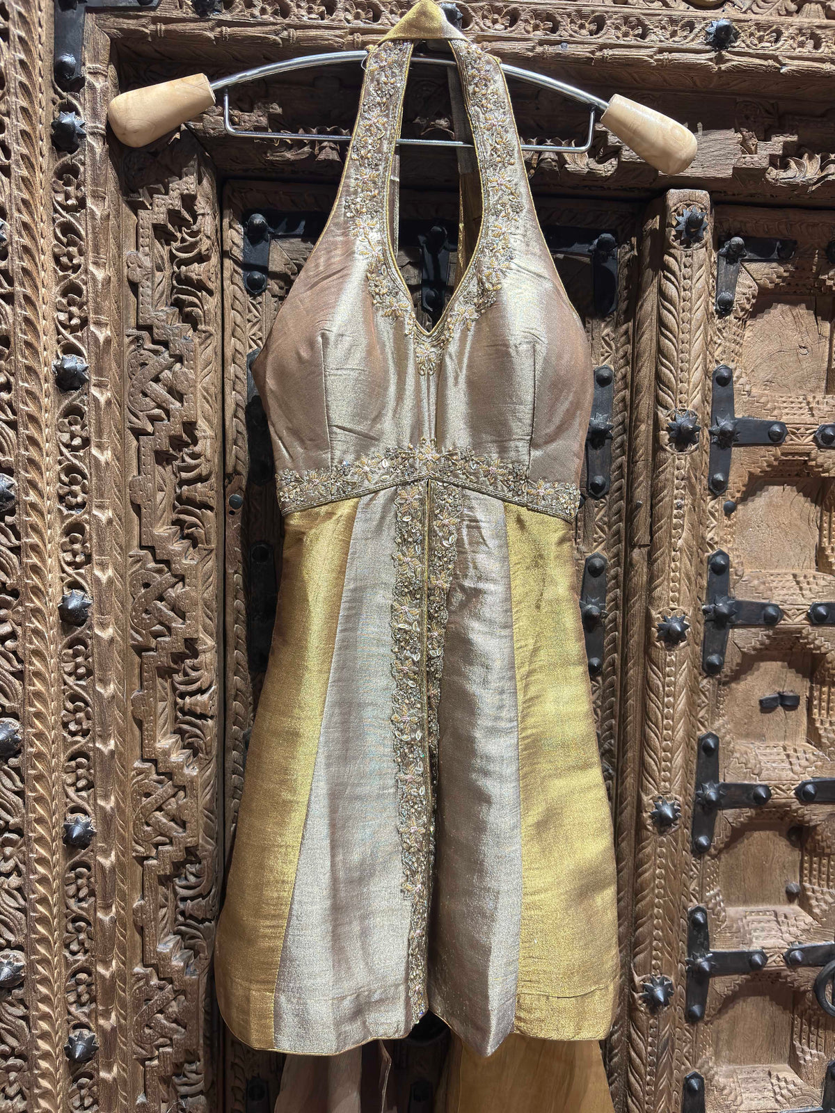 Silver & Gold Embroidered Halter Neck Top & Flared Palazzo Set for Women