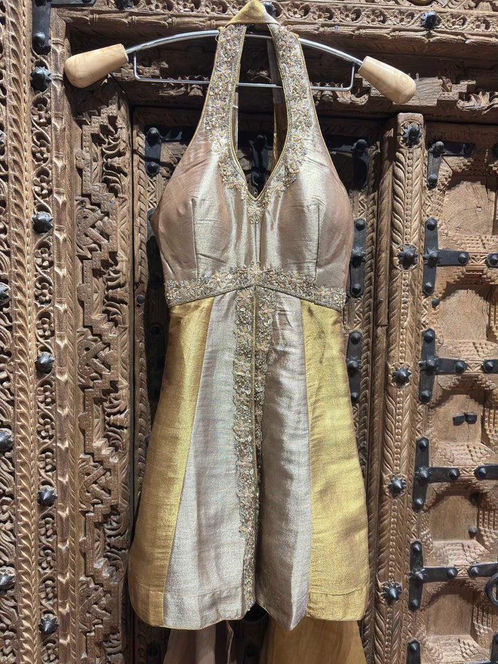 Silver & Gold Embroidered Halter Neck Top & Flared Palazzo Set for Women