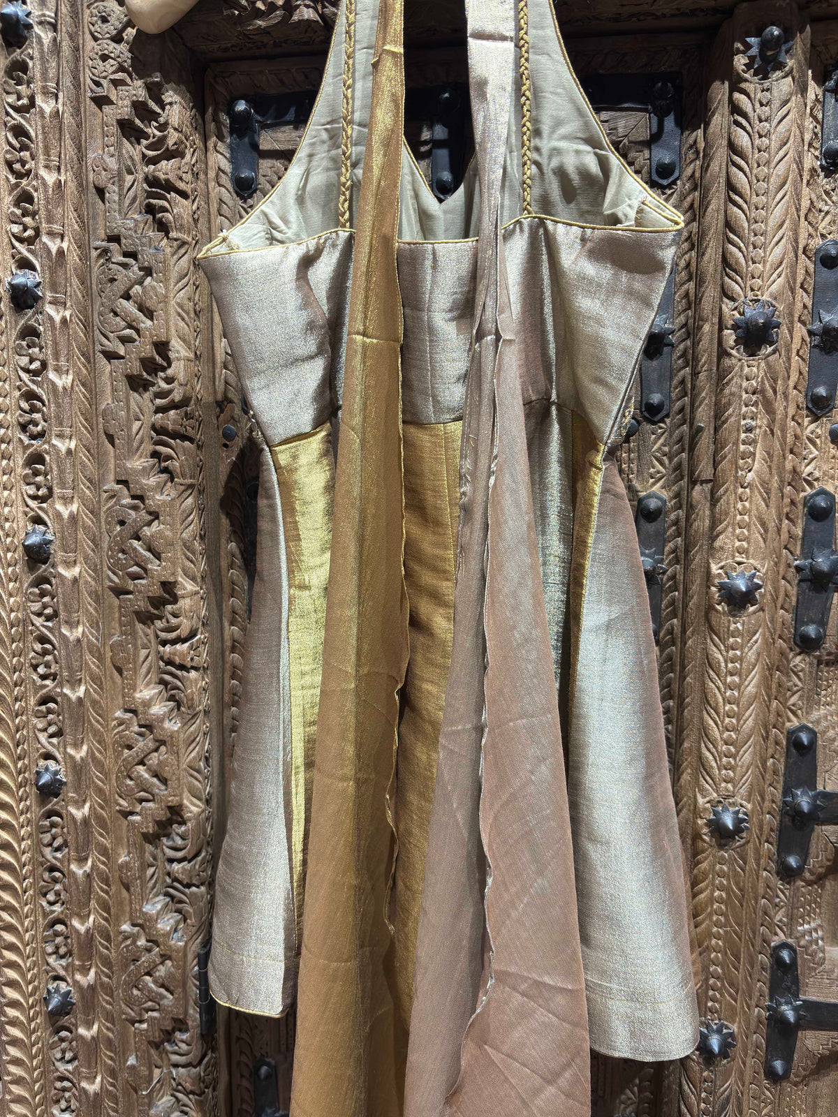Silver & Gold Embroidered Halter Neck Top & Flared Palazzo Set for Women