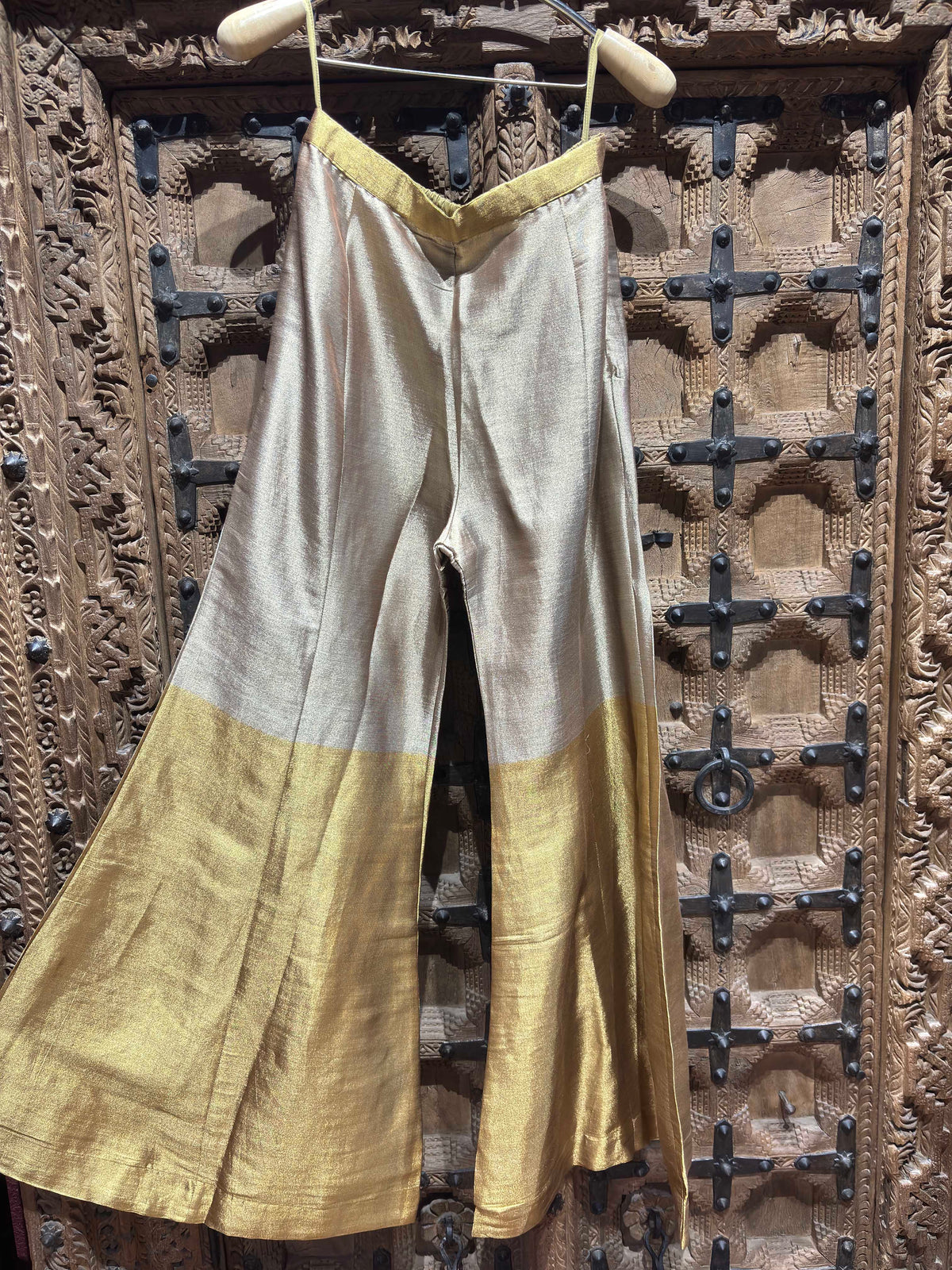 Silver & Gold Embroidered Halter Neck Top & Flared Palazzo Set for Women