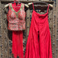 Red & Green Embroidered Crop Top with Flared Palazzo & Dupatta Set for Women