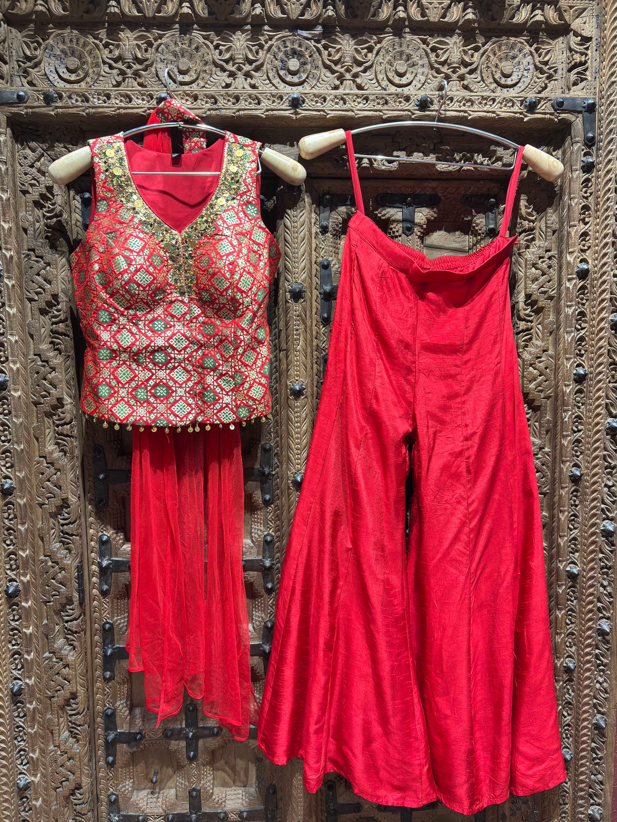 Red & Green Embroidered Crop Top with Flared Palazzo & Dupatta Set for Women