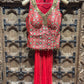 Red & Green Embroidered Crop Top with Flared Palazzo & Dupatta Set for Women