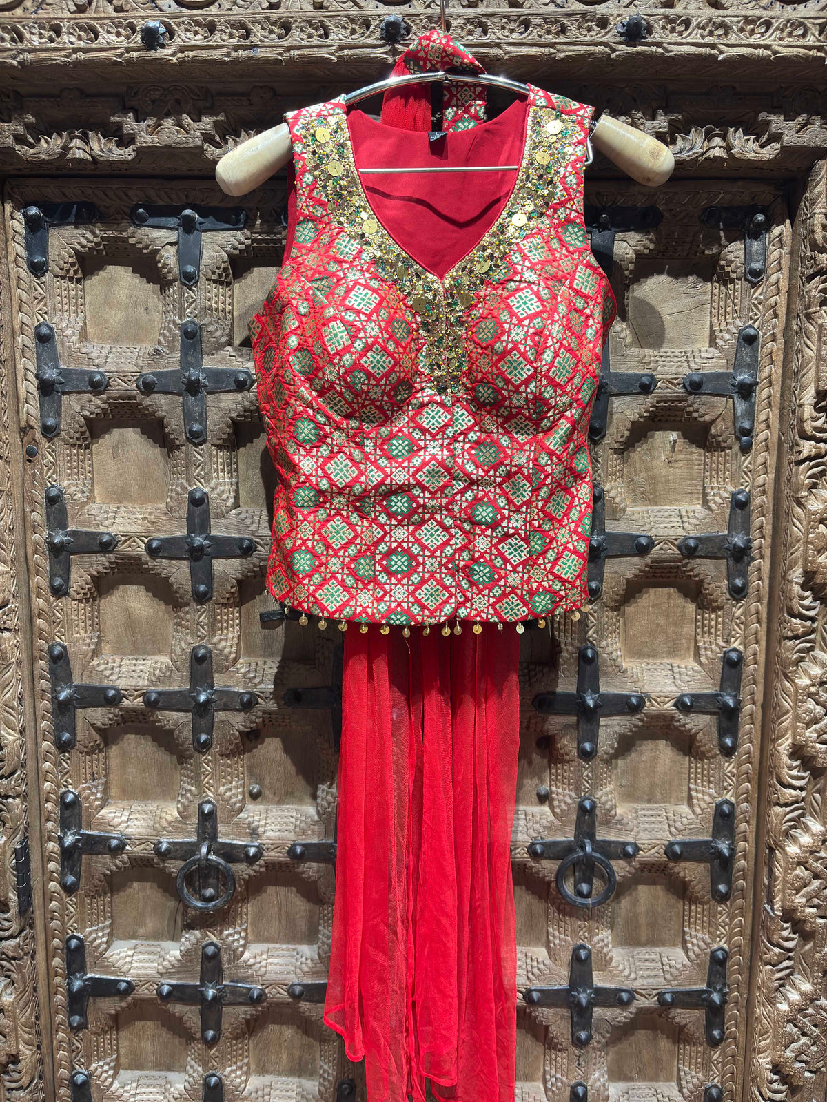 Red & Green Embroidered Crop Top with Flared Palazzo & Dupatta Set for Women