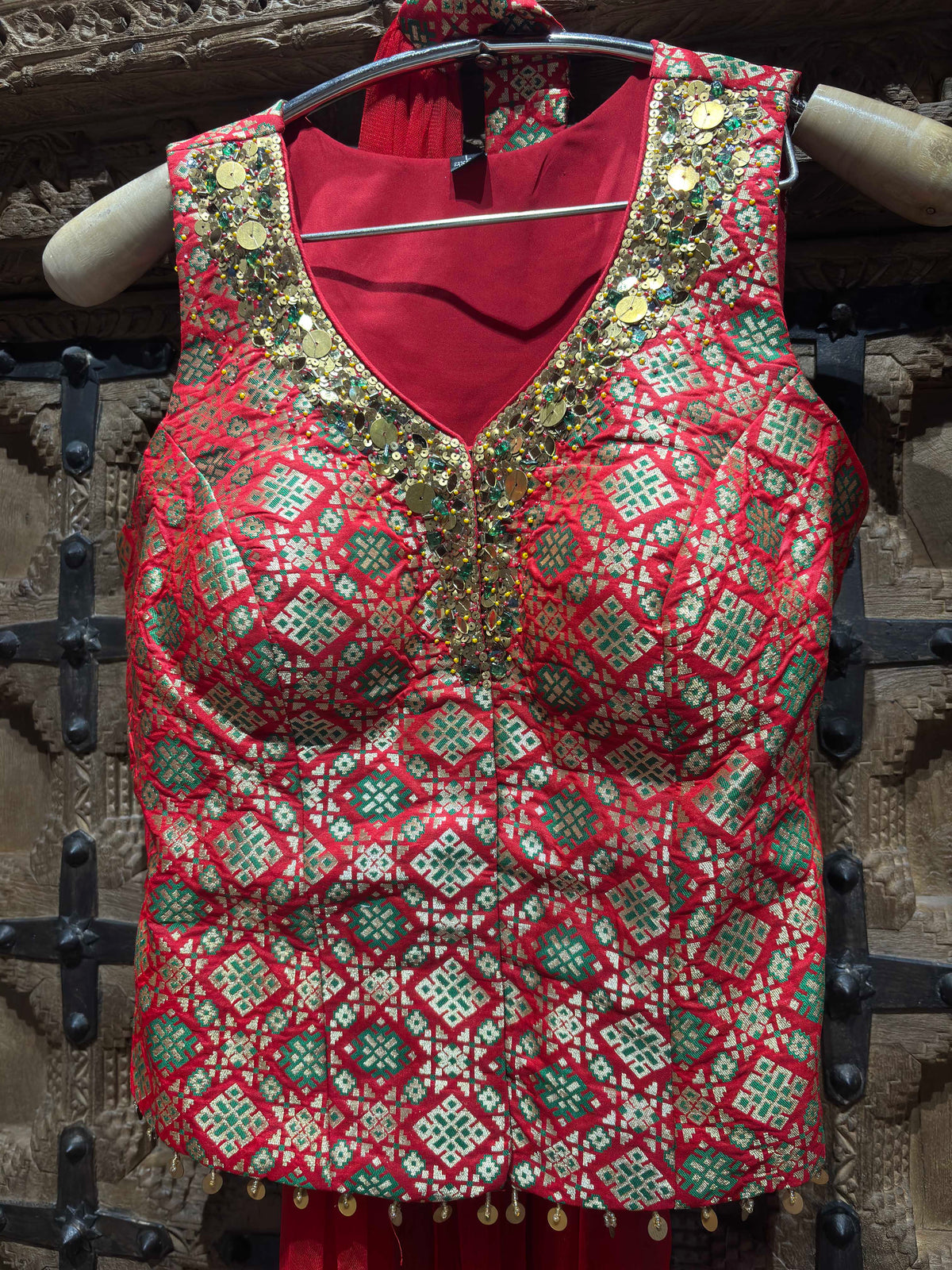 Red & Green Embroidered Crop Top with Flared Palazzo & Dupatta Set for Women