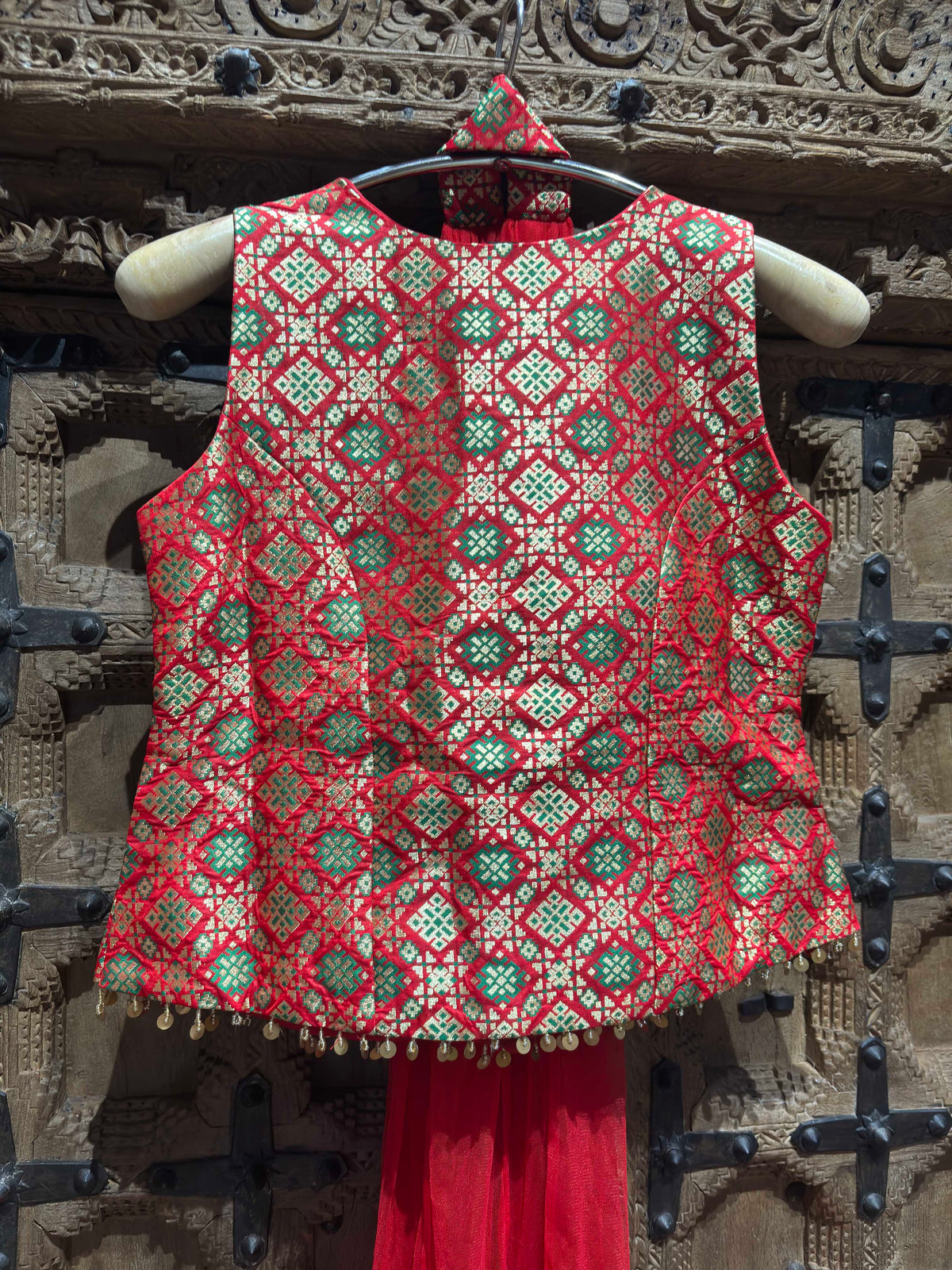 Red & Green Embroidered Crop Top with Flared Palazzo & Dupatta Set for Women