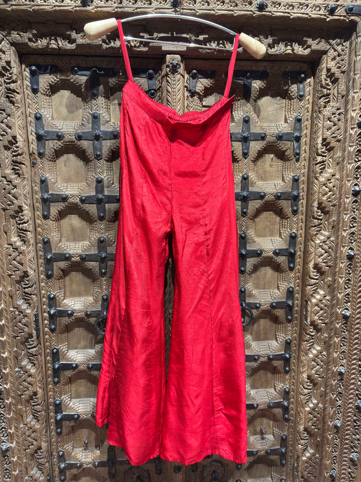 Red & Green Embroidered Crop Top with Flared Palazzo & Dupatta Set for Women