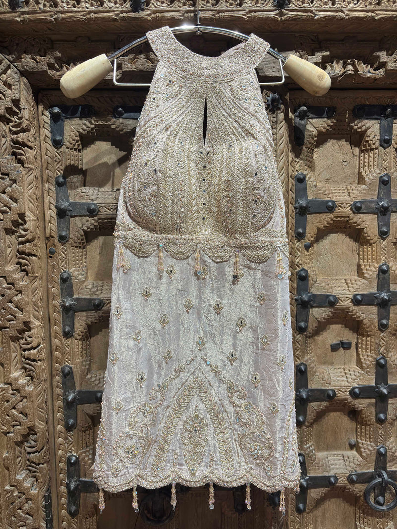 Champagne Gold Embroidered Halter Neck Top with Shimmer Palazzo Set for Women