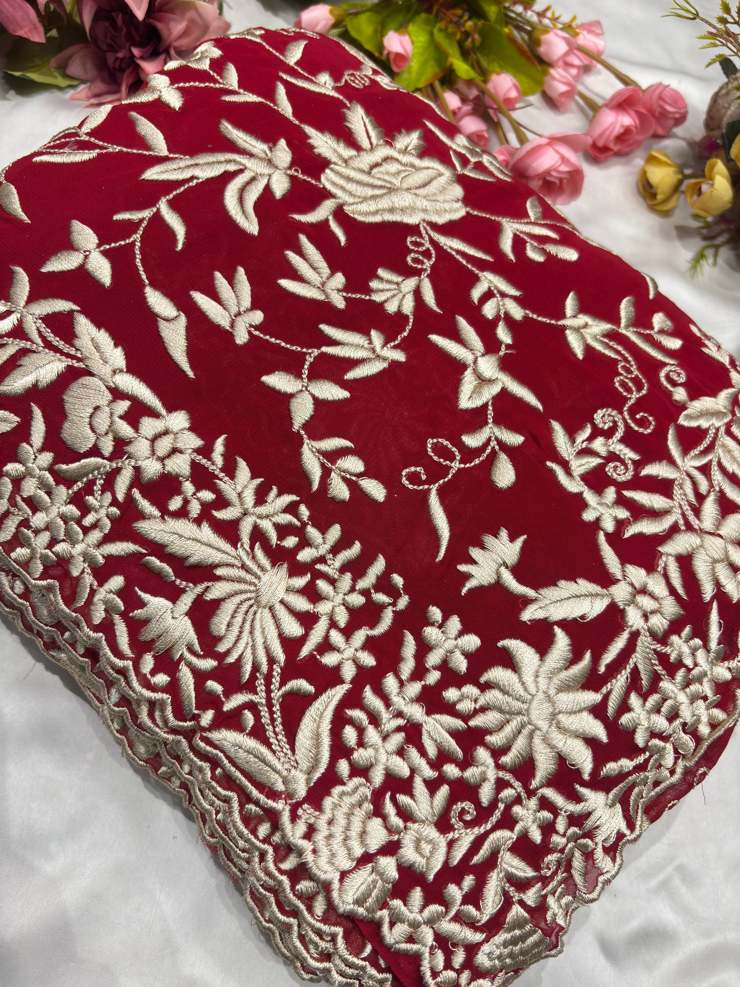 Luxury Red Saree with Kashmiri-Inspired White Thread Work