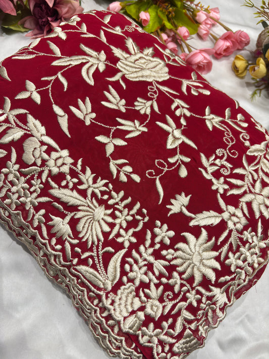 Luxury Red Saree with Kashmiri-Inspired White Thread Work
