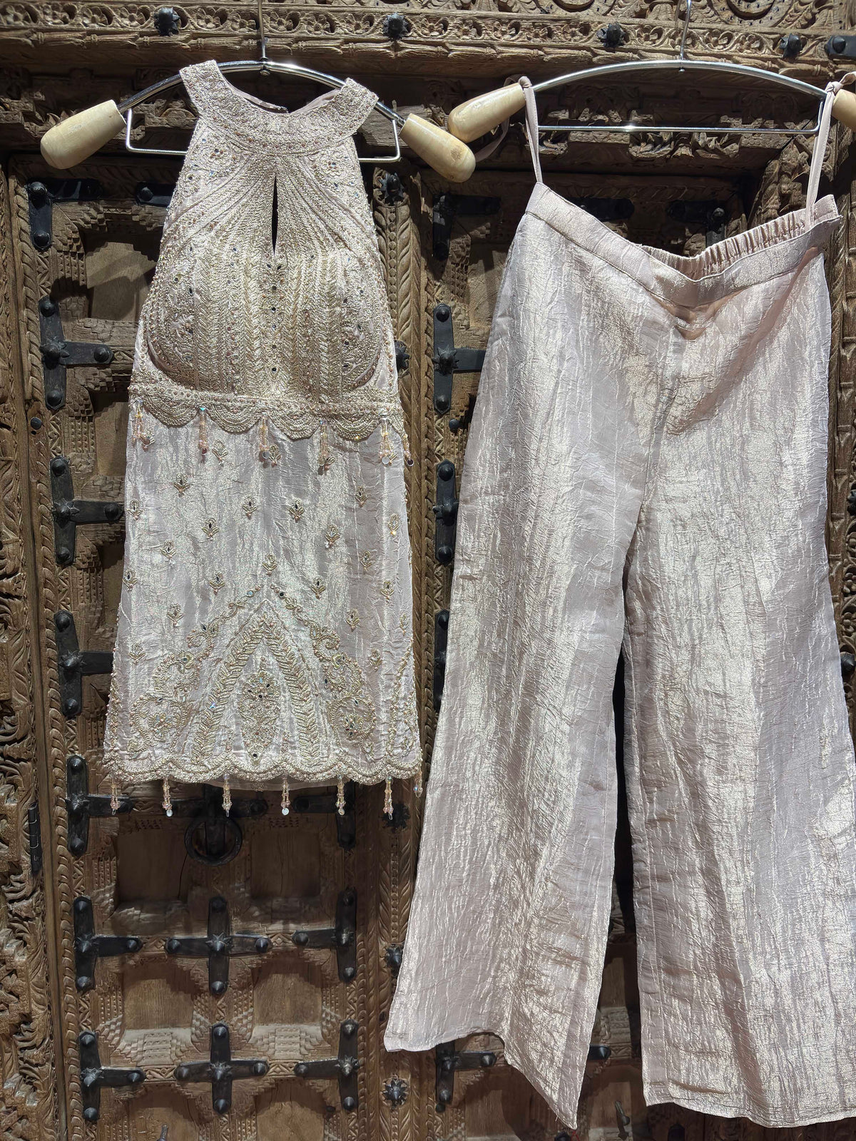 Champagne Gold Embroidered Halter Neck Top with Shimmer Palazzo Set for Women