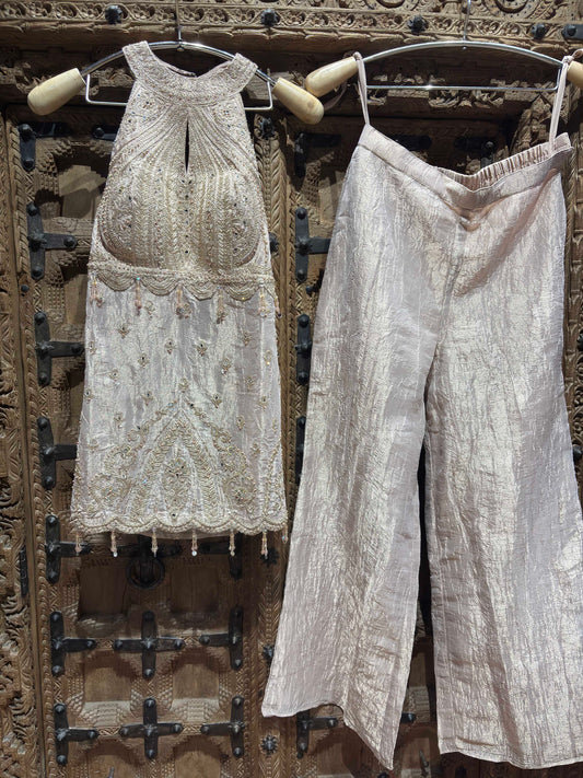 Champagne Gold Embroidered Halter Neck Top with Shimmer Palazzo Set for Women