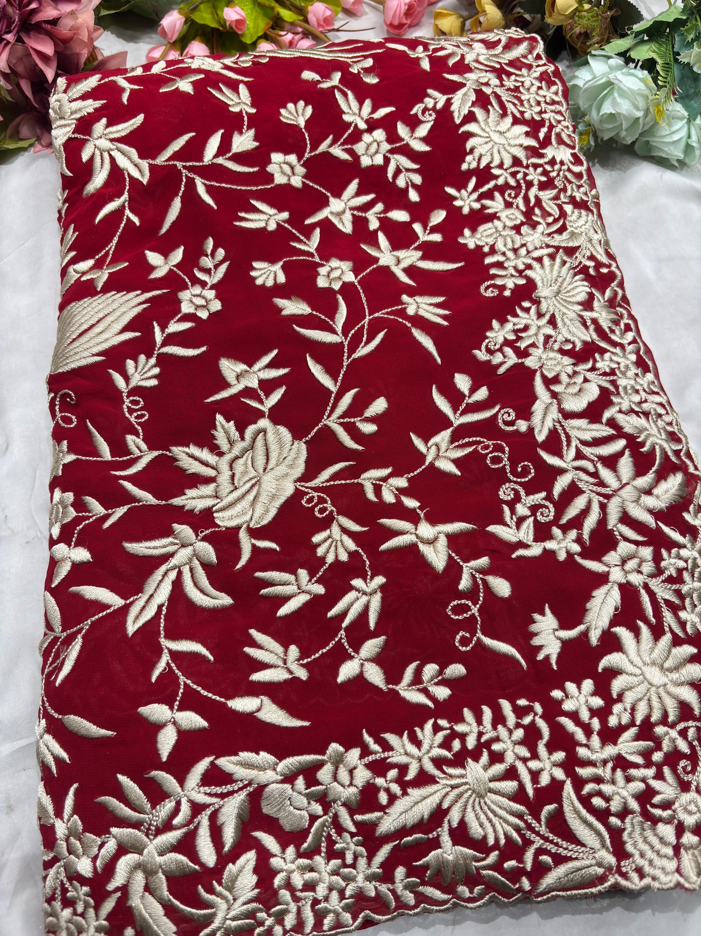 Luxury Red Saree with Kashmiri-Inspired White Thread Work
