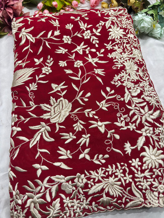 Luxury Red Saree with Kashmiri-Inspired White Thread Work