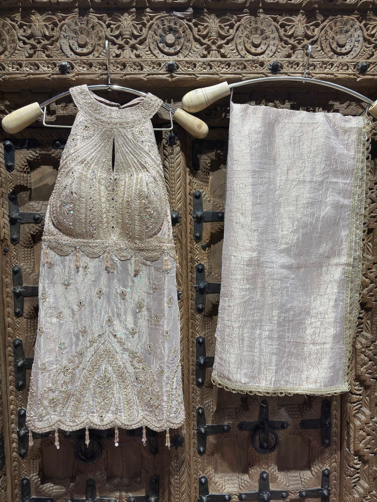Champagne Gold Embroidered Halter Neck Top with Shimmer Palazzo Set for Women