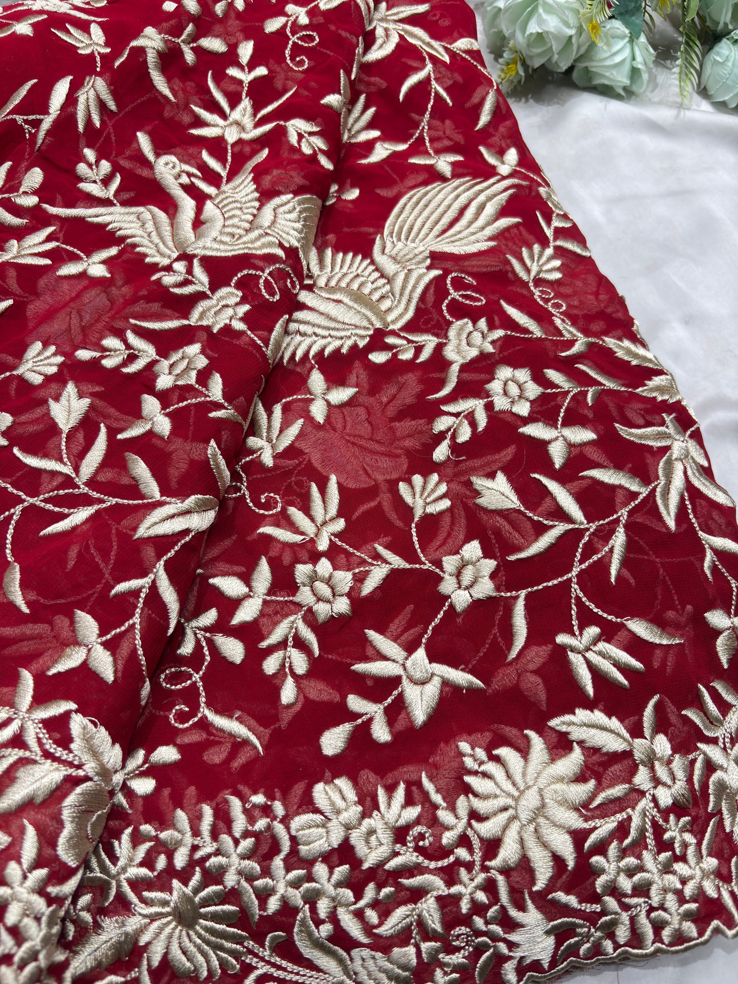 Luxury Red Saree with Kashmiri-Inspired White Thread Work