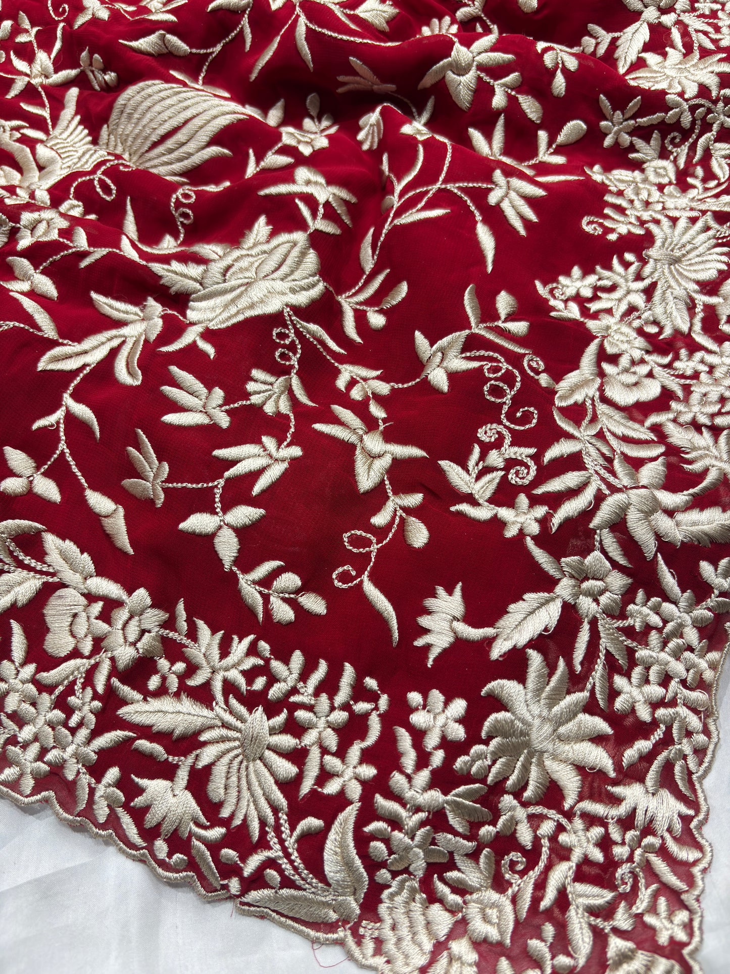Luxury Red Saree with Kashmiri-Inspired White Thread Work