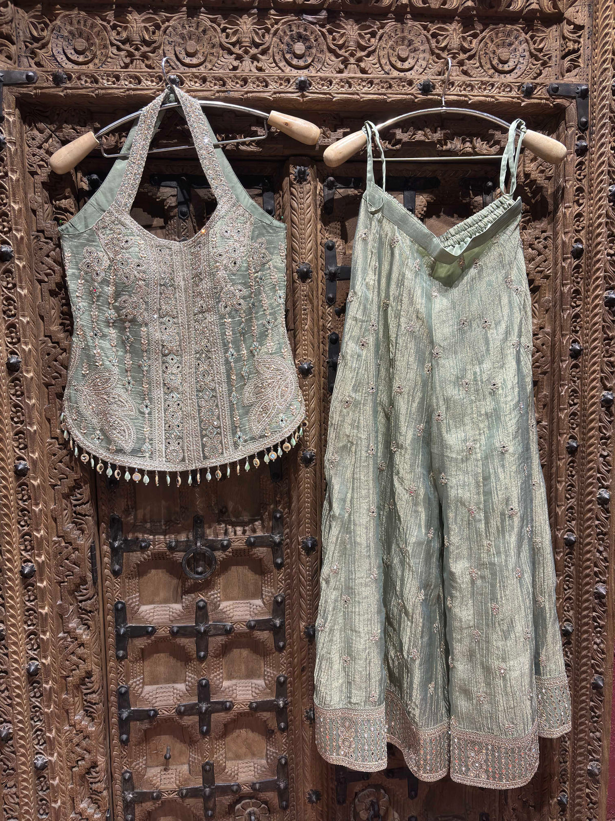 Sage Green Embroidered Halter Neck Top with Shimmer Palazzo Set for Women