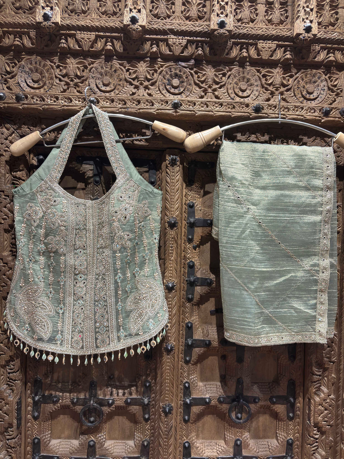 Sage Green Embroidered Halter Neck Top with Shimmer Palazzo Set for Women