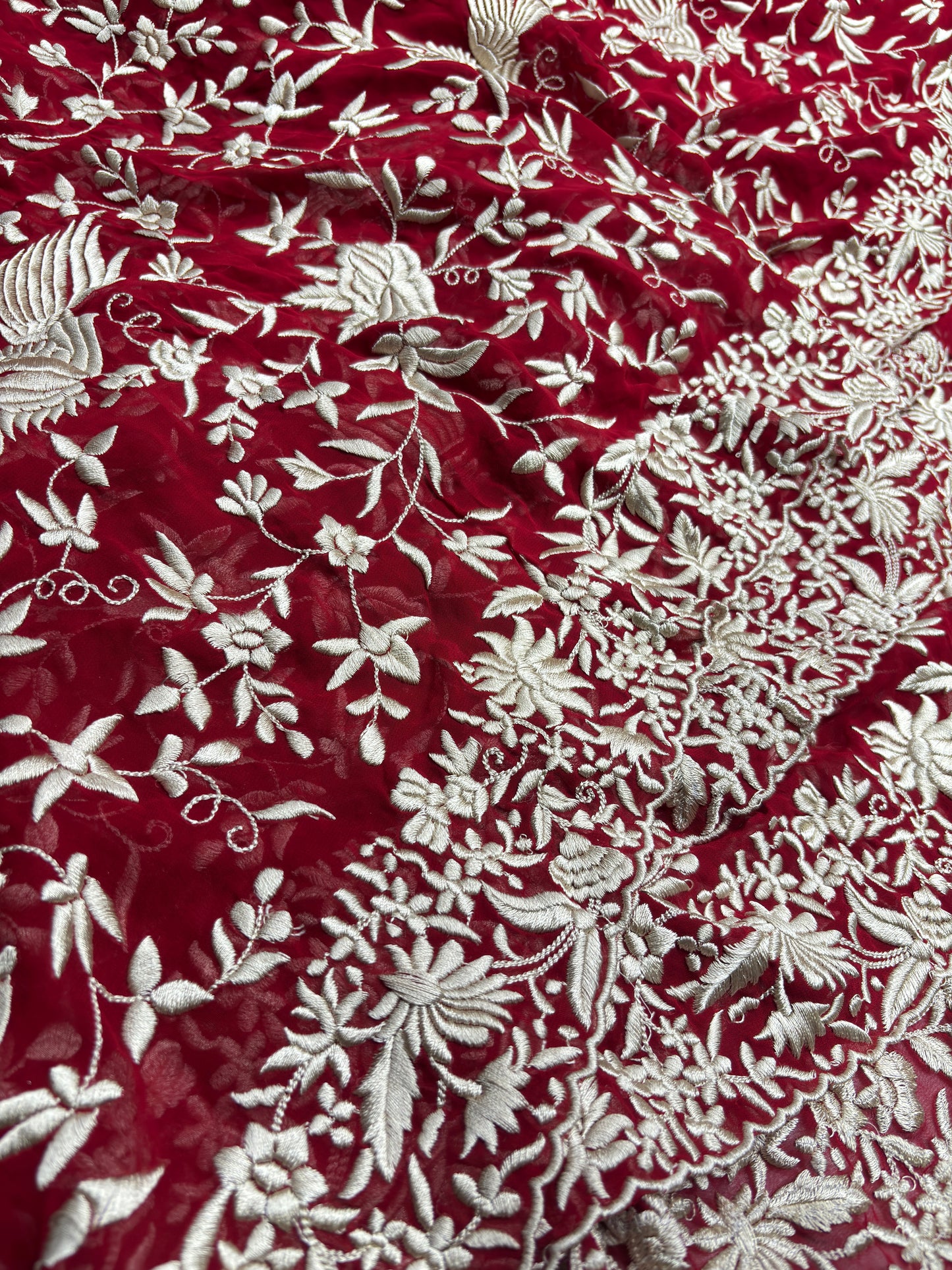 Luxury Red Saree with Kashmiri-Inspired White Thread Work