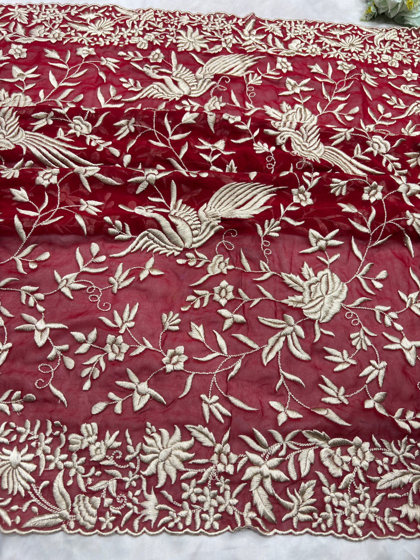 Luxury Red Saree with Kashmiri-Inspired White Thread Work