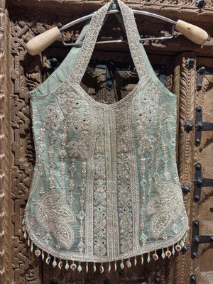 Sage Green Embroidered Halter Neck Top with Shimmer Palazzo Set for Women