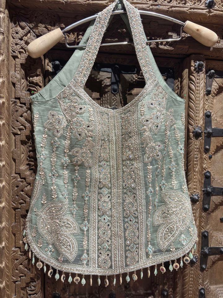 Sage Green Embroidered Halter Neck Top with Shimmer Palazzo Set for Women