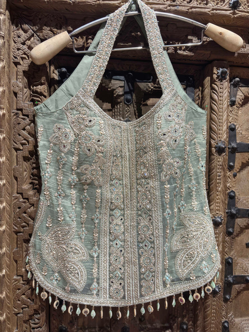 Sage Green Embroidered Halter Neck Top with Shimmer Palazzo Set for Women