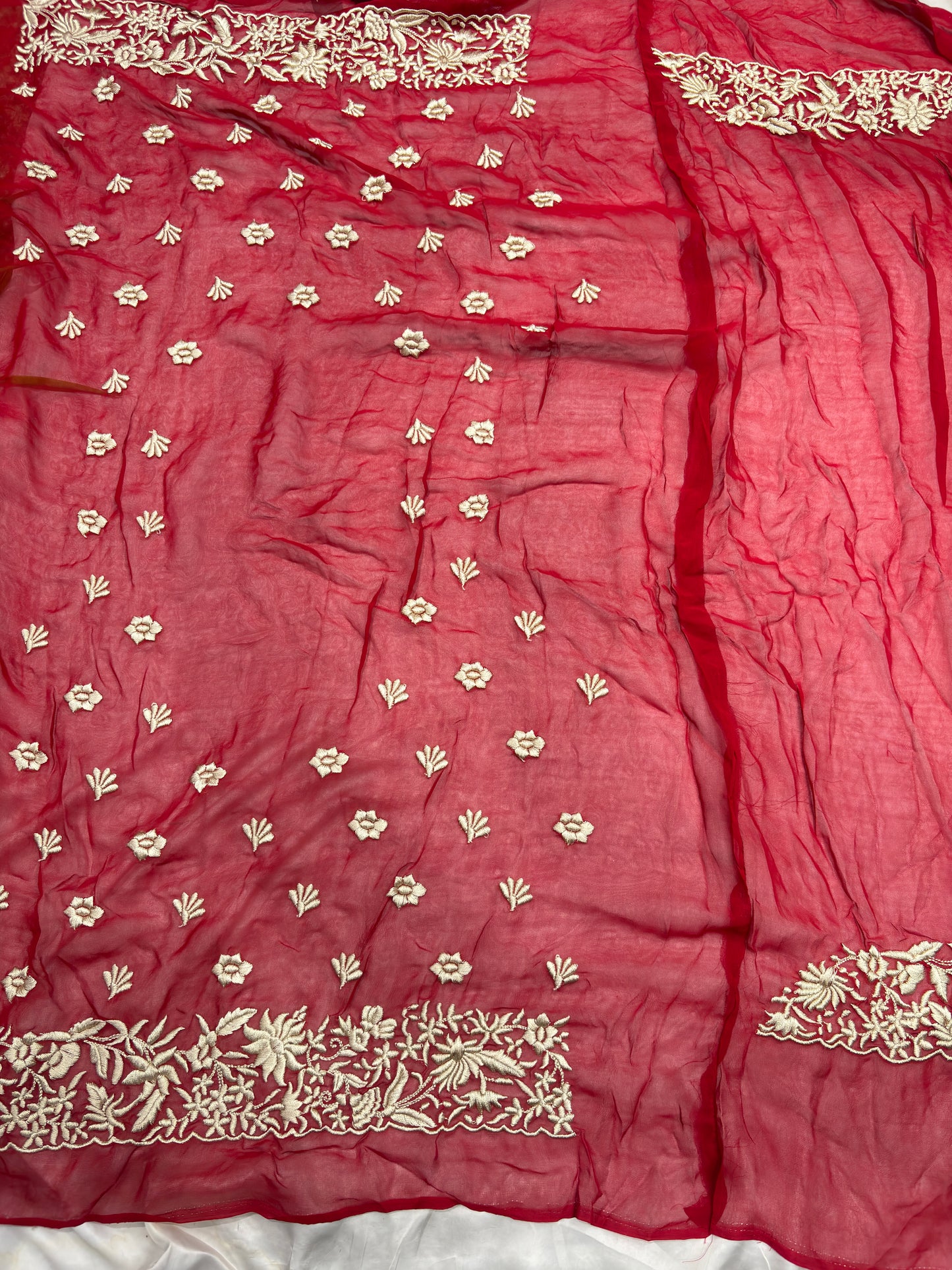 Luxury Red Saree with Kashmiri-Inspired White Thread Work