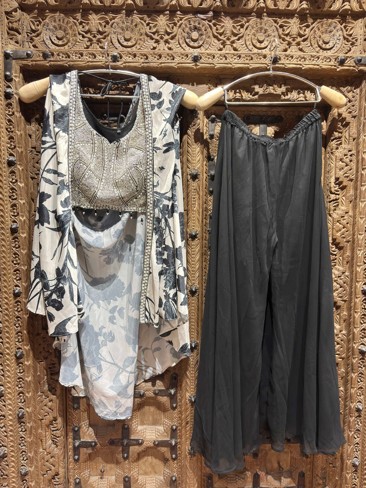 Floral Printed Draped Top with Silver Embroidered Blouse and Palazzo Set for Women