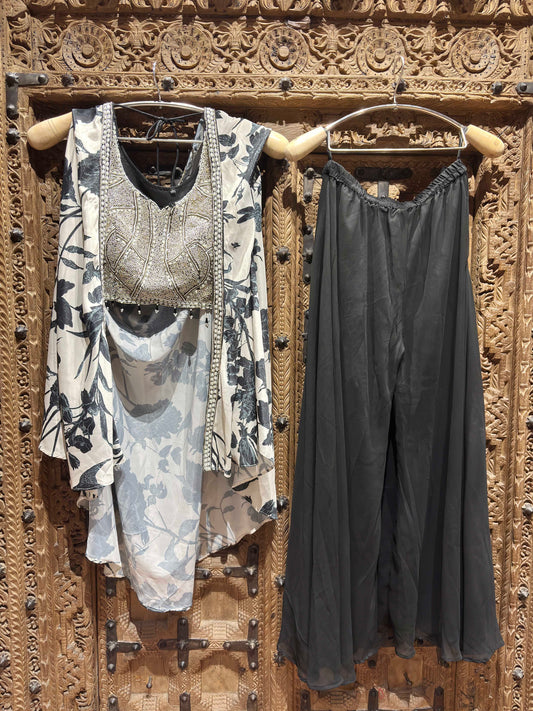 Floral Printed Draped Top with Silver Embroidered Blouse and Palazzo Set for Women