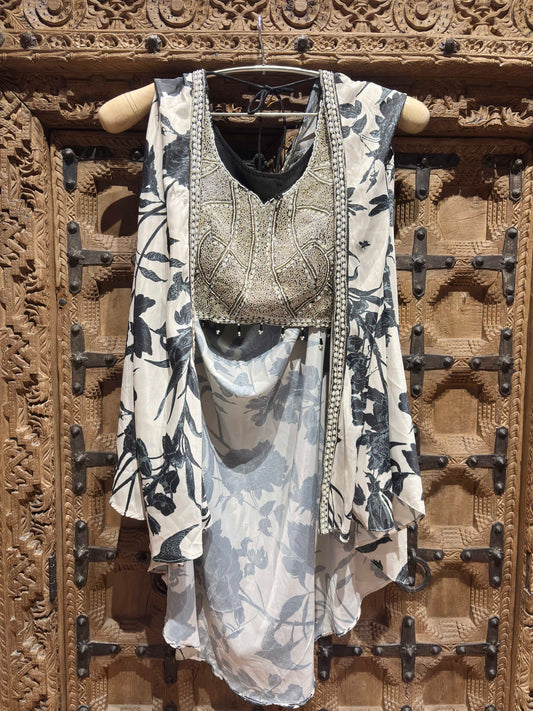 Floral Printed Draped Top with Silver Embroidered Blouse and Palazzo Set for Women