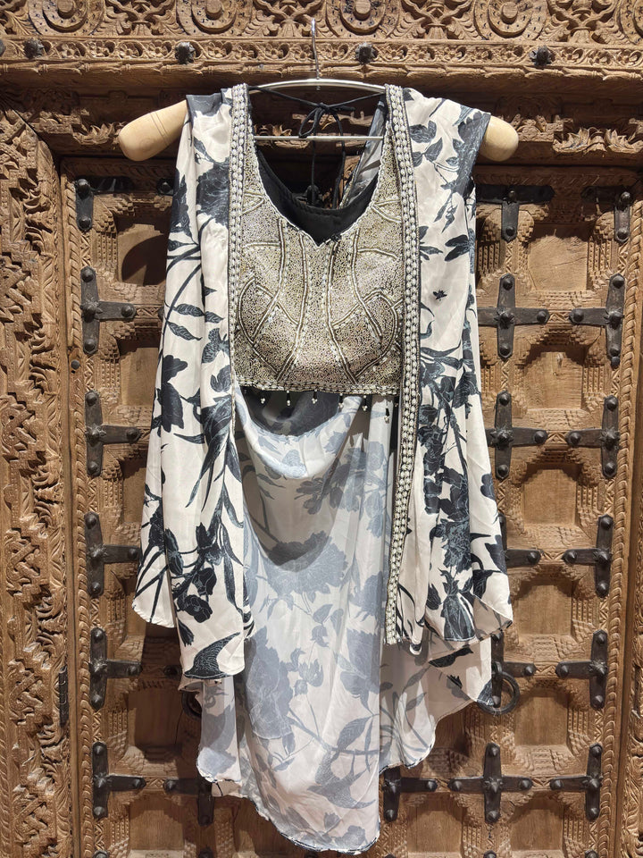 Floral Printed Draped Top with Silver Embroidered Blouse and Palazzo Set for Women