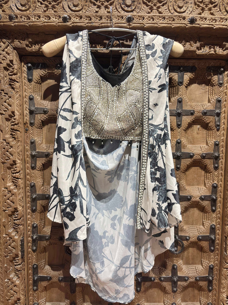 Floral Printed Draped Top with Silver Embroidered Blouse and Palazzo Set for Women