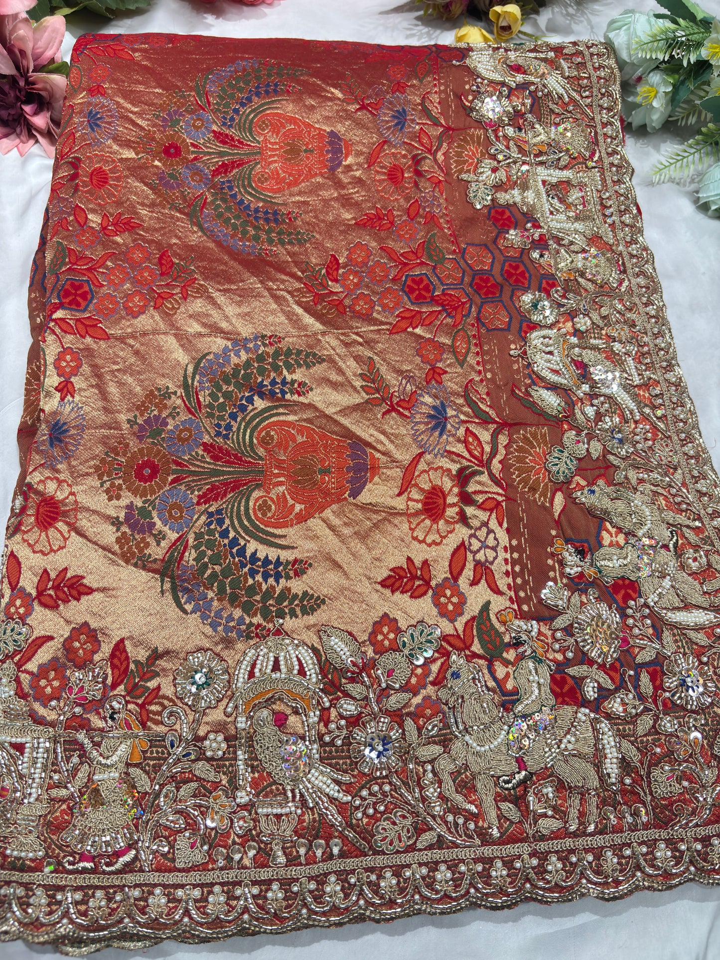 Bandhani Saree with Royal Peacock Weaving & Hand Embroidered